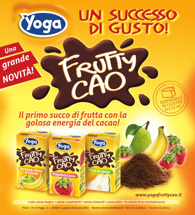 Yoga fruttycao Frutty Cao Succo e cacao frutta brik campagna pubblicitaria adv